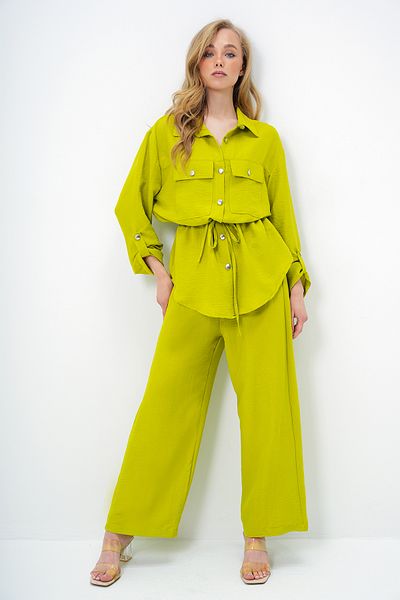 Trend Alaçatı Stili Women's Oil Green Double Pocket Safari Jacket and Wide Leg Aerobin Pants Suit with Elastic Waist Ymx8448