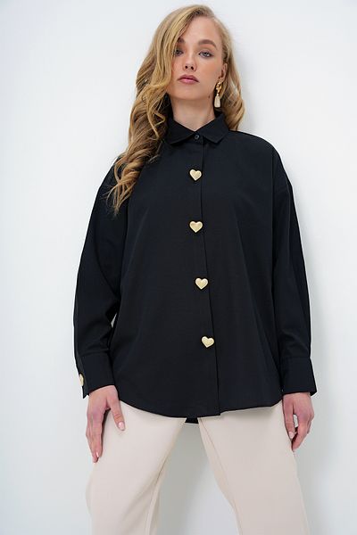 Trend Alaçatı Stili Women's Black Heart Button Oversize Poplin Shirt Alc-X13935