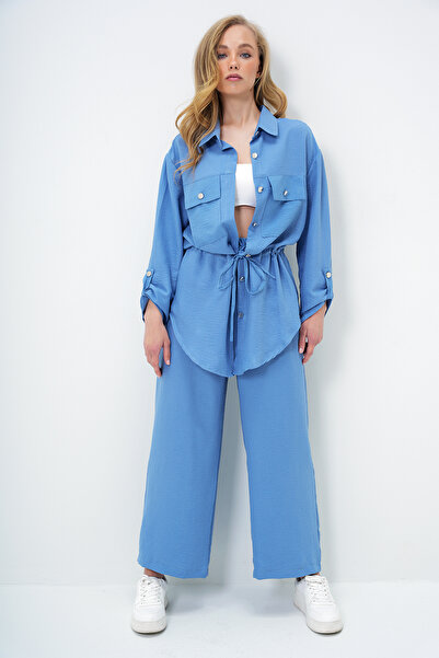 Trend Alaçatı Stili Női indigó dupla zsebes szafari dzseki és elasztikus derék széles szárú aerobin nadrágkosztüm YMX8448