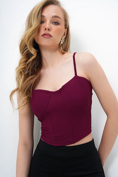 Trend Alaçatı Stili Women's Burgundy Rope Strap Blouse with Bra Alc-X11896