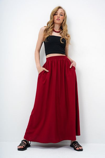 Trend Alaçatı Stili Women's Burgundy Double Pocket Flared Woven Skirt Alc-X13876