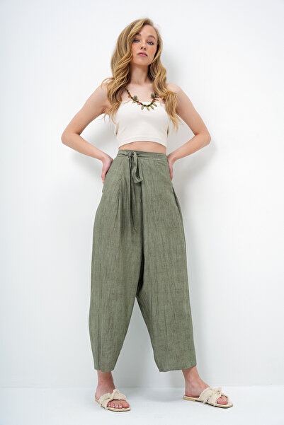 Trend Alaçatı Stili Women's Khaki Lacing Detailed Shalwar Cut Aerobin Trousers Alc-X13896