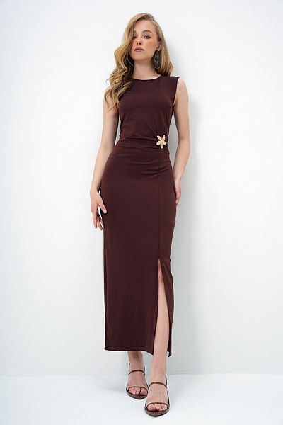 Trend Alaçatı Stili Women's Brown Crew Neck Waist Shirred Metal Accessory Sleeveless Dress Alc-X13931