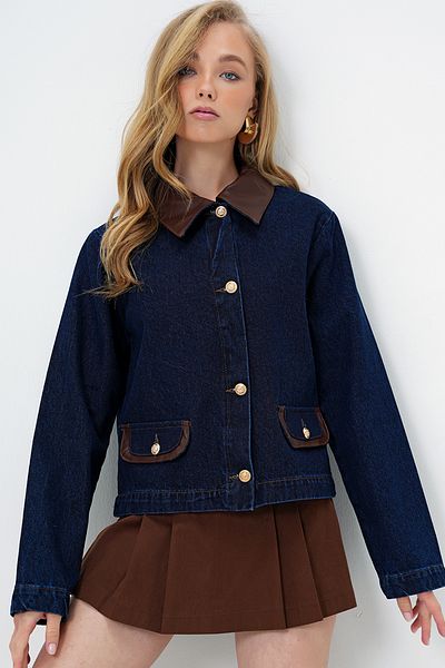 Trend Alaçatı Stili Women's Navy Blue Leather Detailed Crop Jean Jacket Alc-X13936