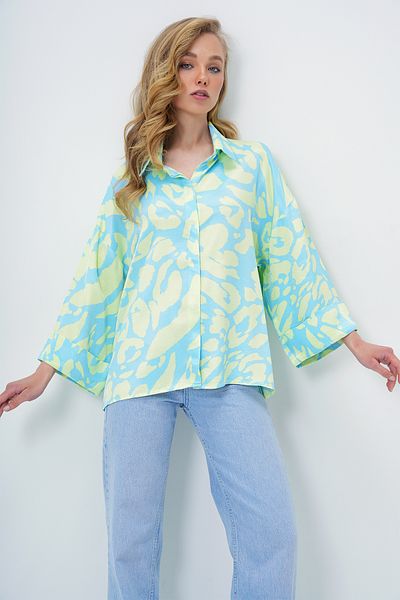 Trend Alaçatı Stili Damen-Hemd mit Digitaldruck, grün, blau, übergroß, mit doppelten Ärmeln, Premium-Gewebe, ALC-X13953