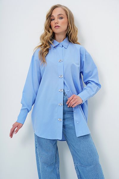 Trend Alaçatı Stili Women's Blue Stone Buttoned Oversize Poplin Shirt Alc-X13934