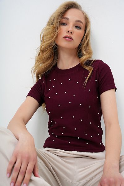 Trend Alaçatı Stili Women's Burgundy Crew Neck Pearl Buttoned Ottoban Crop Blouse Alc-X13918