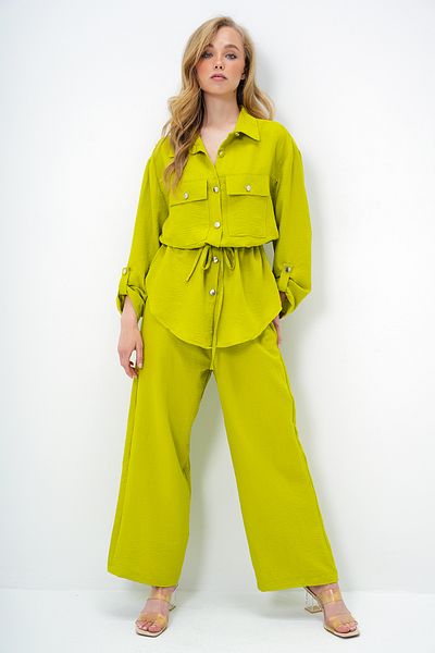Trend Alaçatı Stili Women's Oil Green Double Pocket Safari Jacket and Wide Leg Aerobin Pants Suit with Elastic Waist Ymx8448