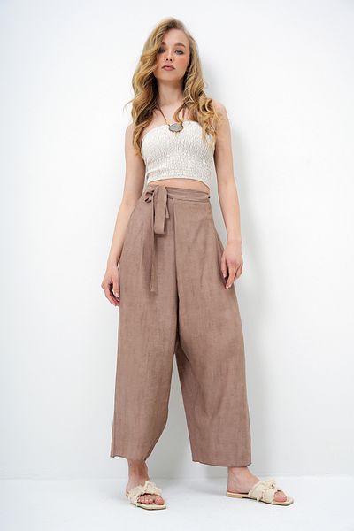 Trend Alaçatı Stili Women's Brown Lacing Detailed Shalwar Cut Aerobin Trousers Alc-X13896