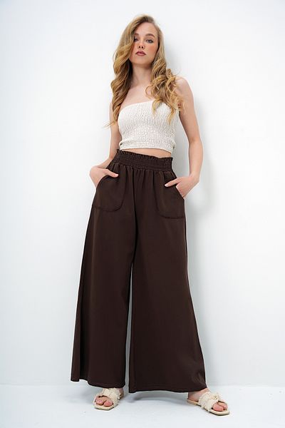 Trend Alaçatı Stili Women's Brown Waist Gimped Double Pocket Wide Leg Gabardine Trousers Alc-X13949