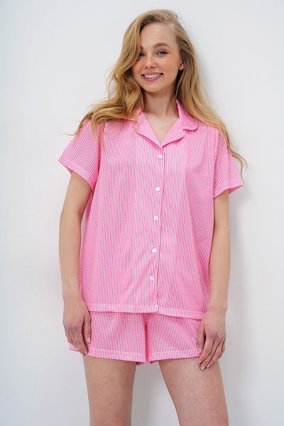 Trend Alaçatı Stili Women's Pink Line Pattern Knitted Cotton Shirt and Shorts Pajamas Set Pjm-X13884