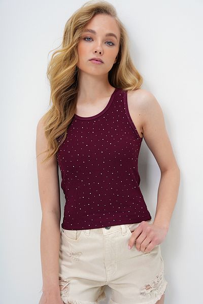 Trend Alaçatı Stili Women's Burgundy Crew Neck Stone Embroidered Ottoban Strap Blouse Alc-X13915