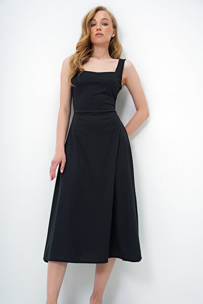 Trend Alaçatı Stili Kadın Siyah Kare Yaka Kalın Askı Tasarım Midi Boy Elbise ALC-X13875