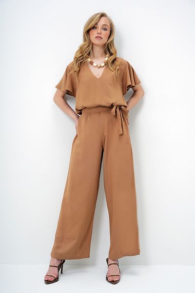 Trend Alaçatı Stili Women's Caramel V Neck Flared Sleeves Self Belted Woven Summer Jumpsuit Alc-X13787