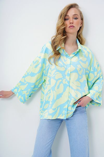 Trend Alaçatı Stili Damen-Hemd mit Digitaldruck, grün, blau, übergroß, mit doppelten Ärmeln, Premium-Gewebe, ALC-X13953