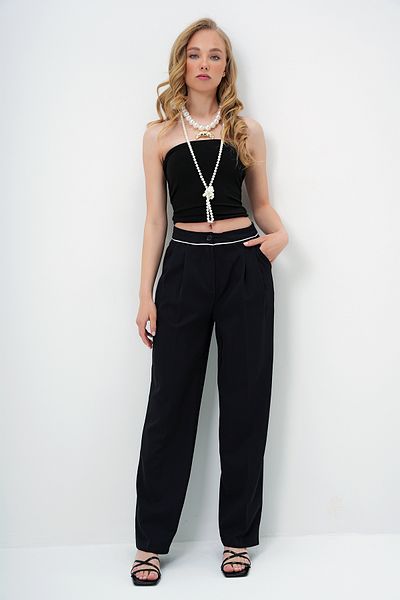 Trend Alaçatı Stili Women's Black Double Pocket Piping Detailed Pleated Palazzo Woven Trousers Alc-X13925