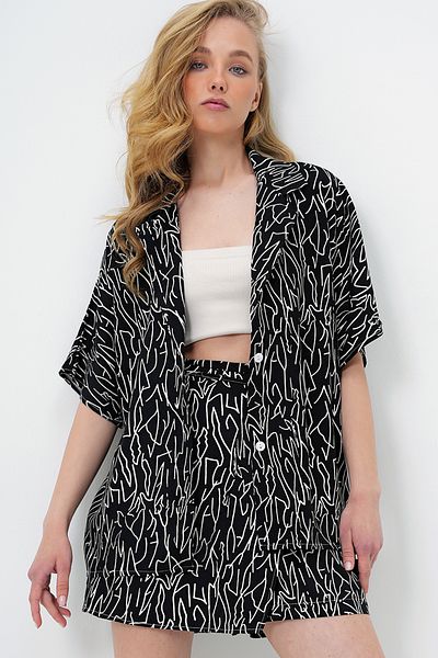 Trend Alaçatı Stili Women's Black Jacket Collar Oversize Poplin Shirt and Tie-Up Shorts Skirt Set Alc-X13941