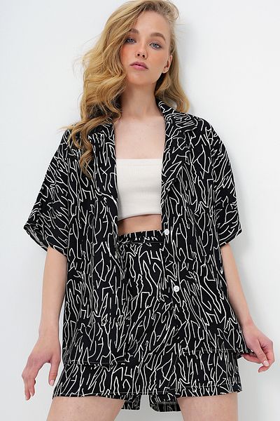 Trend Alaçatı Stili Women's Black Jacket Collar Oversize Poplin Shirt and Tie-Up Shorts Skirt Set Alc-X13941