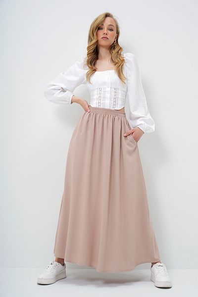 Trend Alaçatı Stili Women's Beige Double Pocket Flared Woven Skirt Alc-X13876