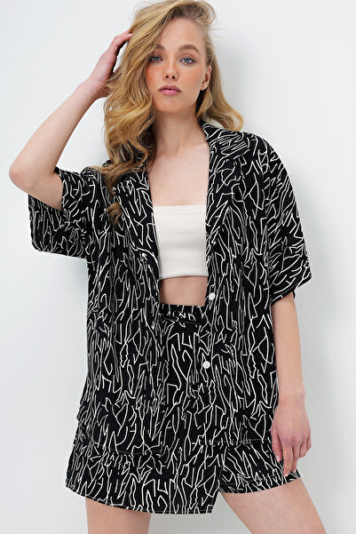 Trend Alaçatı Stili Női fekete kabát hajtóka Oversize poplin ing és felköthető rövidnadrág szoknya szett ALC-X13941