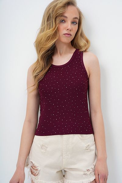 Trend Alaçatı Stili Women's Burgundy Crew Neck Stone Embroidered Ottoban Strap Blouse Alc-X13915