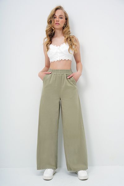 Trend Alaçatı Stili Pantaloni Palazzo din Gabardină, verzi, cu buzunar dublu, ALC-X13983