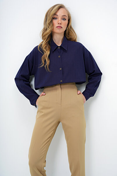 Trend Alaçatı Stili Női sötétkék oversize vászoning ALC-X10343