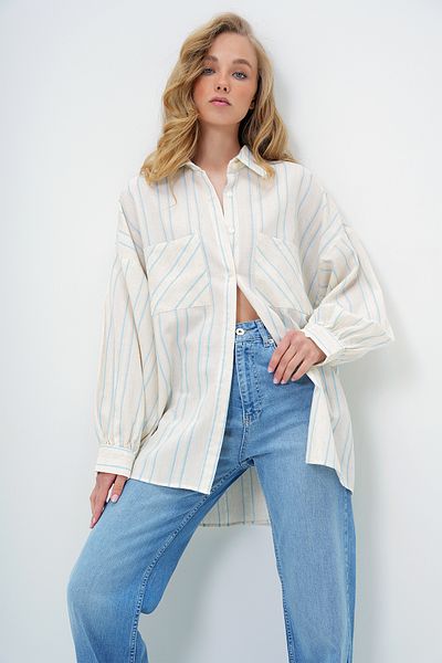 Trend Alaçatı Stili Women's Blue Double Pocket Linen Blended Oversize Striped Shirt Alc-X13978