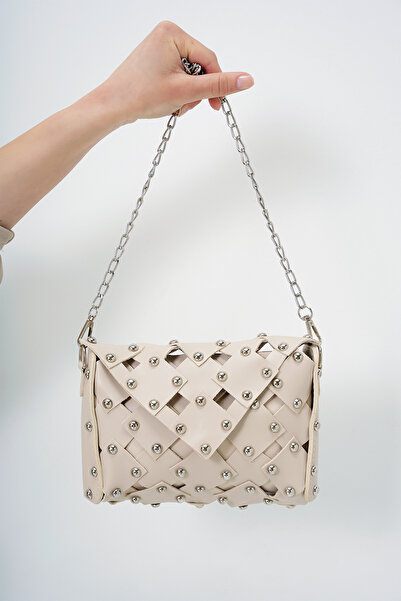 Trend Alaçatı Stili Women's Beige Laser Cut Shoulder Bag with Metal Accessories Alc-X14009