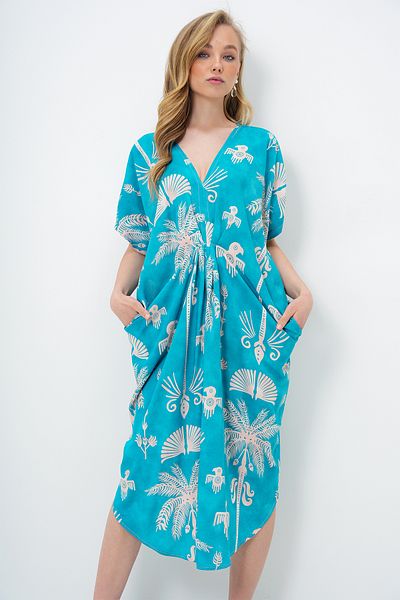 Trend Alaçatı Stili Women's Turquoise Blue V-Neck Patterned Summer Maxi Length Woven Dress Alc-X14087