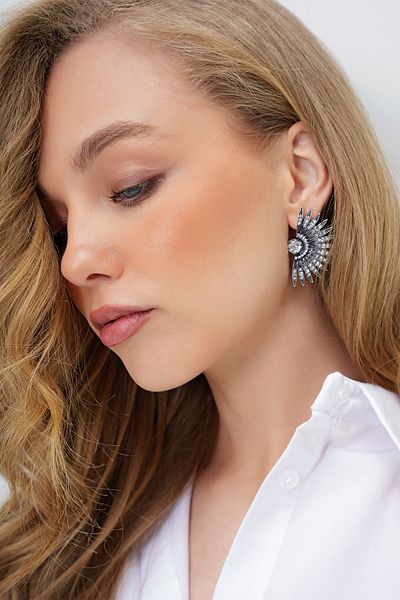Trend Alaçatı Stili Damen Silber Zirkon Stein Halb Sonne Antike Ohrringe ALC-X14028