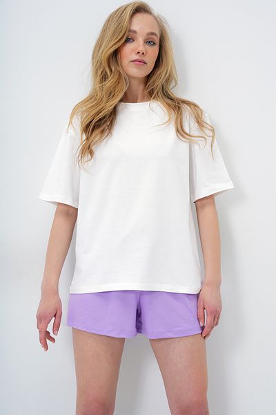 Trend Alaçatı Stili Women's Lilac Cotton Basic T-Shirt and Tie-Up Shorts Combed Cotton Bottom Top Set Pjm-X13904