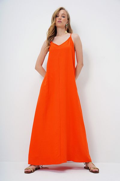 Trend Alaçatı Stili Women's Orange Adjustable Strap V-Neck Aerobin Summer Dress Alc-X14067