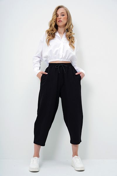 Trend Alaçatı Stili Women's Black Front Stitching Detailed 4 Pocket Shalwar Cut Woven Linen Trousers Alc-X14050