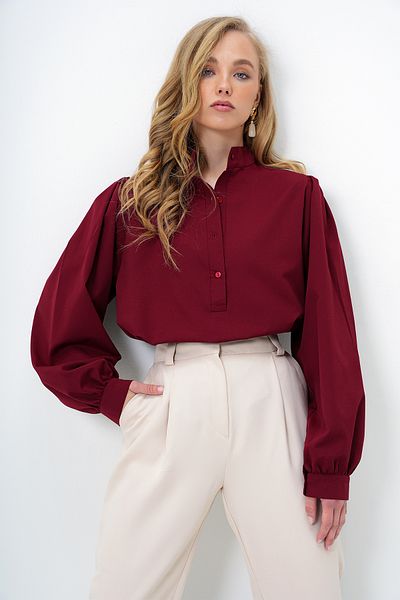 Trend Alaçatı Stili Women's Burgundy Judge Collar Half Placket Balloon Sleeve Poplin Shirt Blouse Alc-X14059