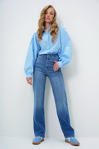 Trend Alaçatı Stili Blaue Palazzo-Jeanshose aus gewaschenem Lycra mit hoher Taille für Damen ALC-X13954