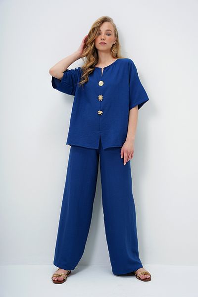 Trend Alaçatı Stili Women's Navy Blue V-Neck Metal Gold Button Detail Aerobin Blouse and Pant Alt Top Suit Alc-X14122