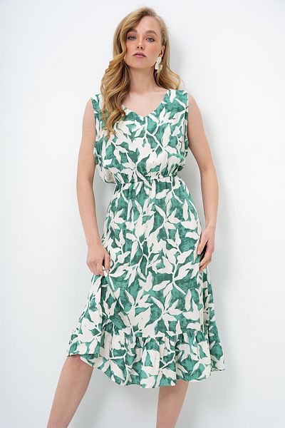 Trend Alaçatı Stili Women Ecru-Green Front Back V-Neck Patterned Skirt Flounces Summer Woven Dress Alc-X14095