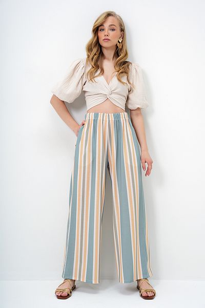 Trend Alaçatı Stili Pantaloni de vară cu picioare largi, verde-muștar, cu buzunare duble, cu model, ALC-X14142