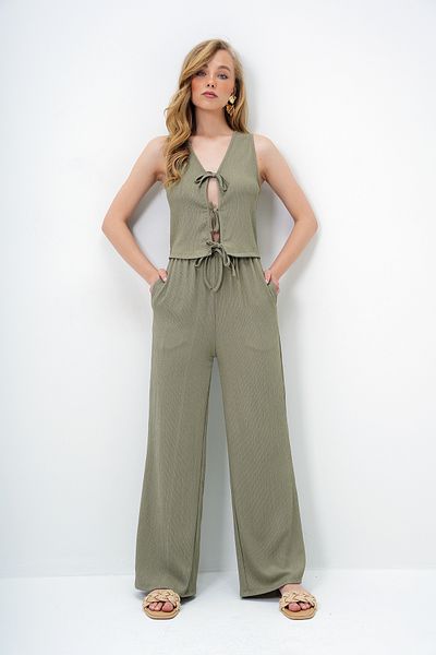 Trend Alaçatı Stili Women's Khaki Lacing Detailed Openwork Vest and Double Pocket Palazzo Pants Set Alc-X13958