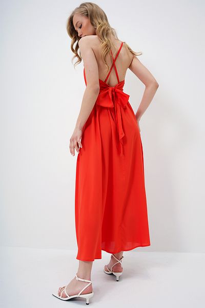 Trend Alaçatı Stili Damen Korallen Seil Riemen Rücken Krawatte Detaillierte Maxi Länge Sommerkleid ALC-X13471