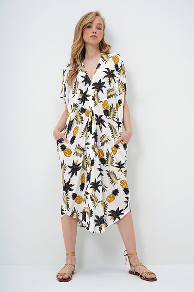 Trend Alaçatı Stili Women's Ecru-Yellow V-Neck Patterned Summer Maxi Length Woven Dress Alc-X14087
