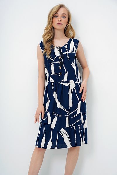 Trend Alaçatı Stili Γυναικείο Μπλε Navy White Ποδηλατικό λαιμόκοψη Λεπτομερές καλοκαιρινό φόρεμα μεσαίου μήκους ALC-X14089