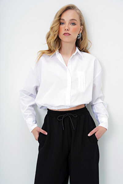 Trend Alaçatı Stili Women's White Wide Cuff Elastic Waist Crop Poplin Shirt Alc-X13963