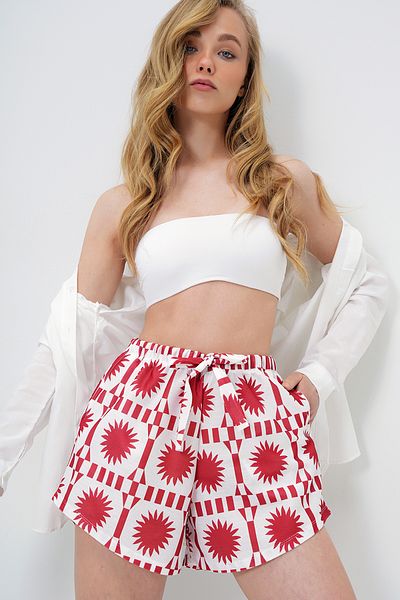Trend Alaçatı Stili Women's Brick Double Pocket Sun Pattern Self Tie Beach Shorts Alc-X14133