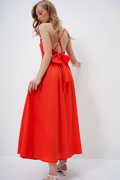 Trend Alaçatı Stili Damen Korallen Seil Riemen Rücken Krawatte Detaillierte Maxi Länge Sommerkleid ALC-X13471