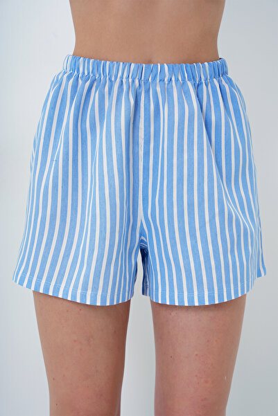 Trend Alaçatı Stili Kadın Mavi Yazlık Pamuk Örme Gömlek Ve Şort Pijama Takım ALC-X14085