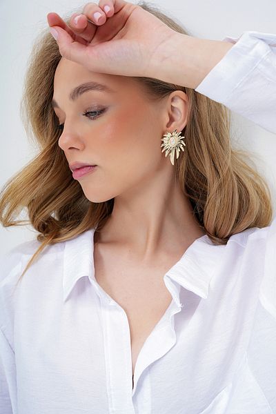 Trend Alaçatı Stili Women's Gold Steel Plate Pearl Detailed Fringe Earrings Alc-X14034