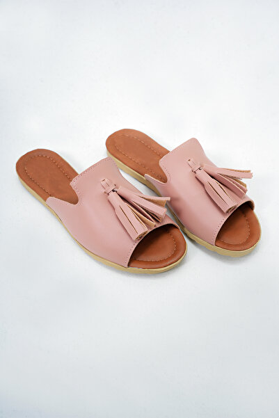 Trend Alaçatı Stili Damen-Hausschuhe aus Kunstleder mit flacher Sohle und rosa Quasten, ALC-X14010