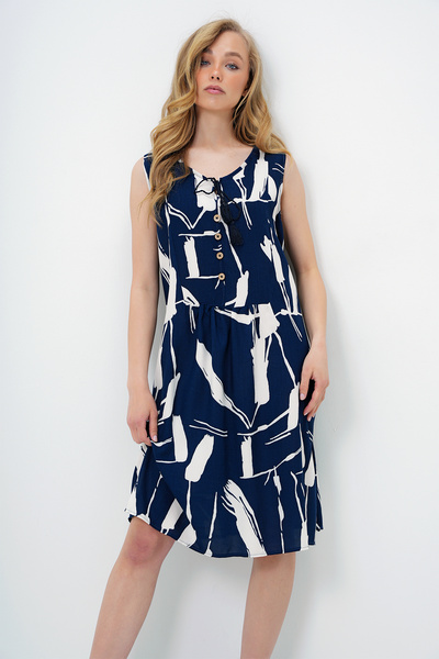 Trend Alaçatı Stili Women's Navy Blue White Crew Neck Midi Length Summer Dress with Lacing Detail Alc-X14089